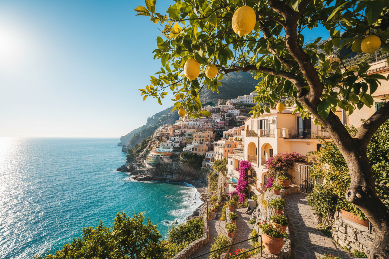 Ein bild an einer italienischen küste, mit einem zitronenbaum und schönem wetter